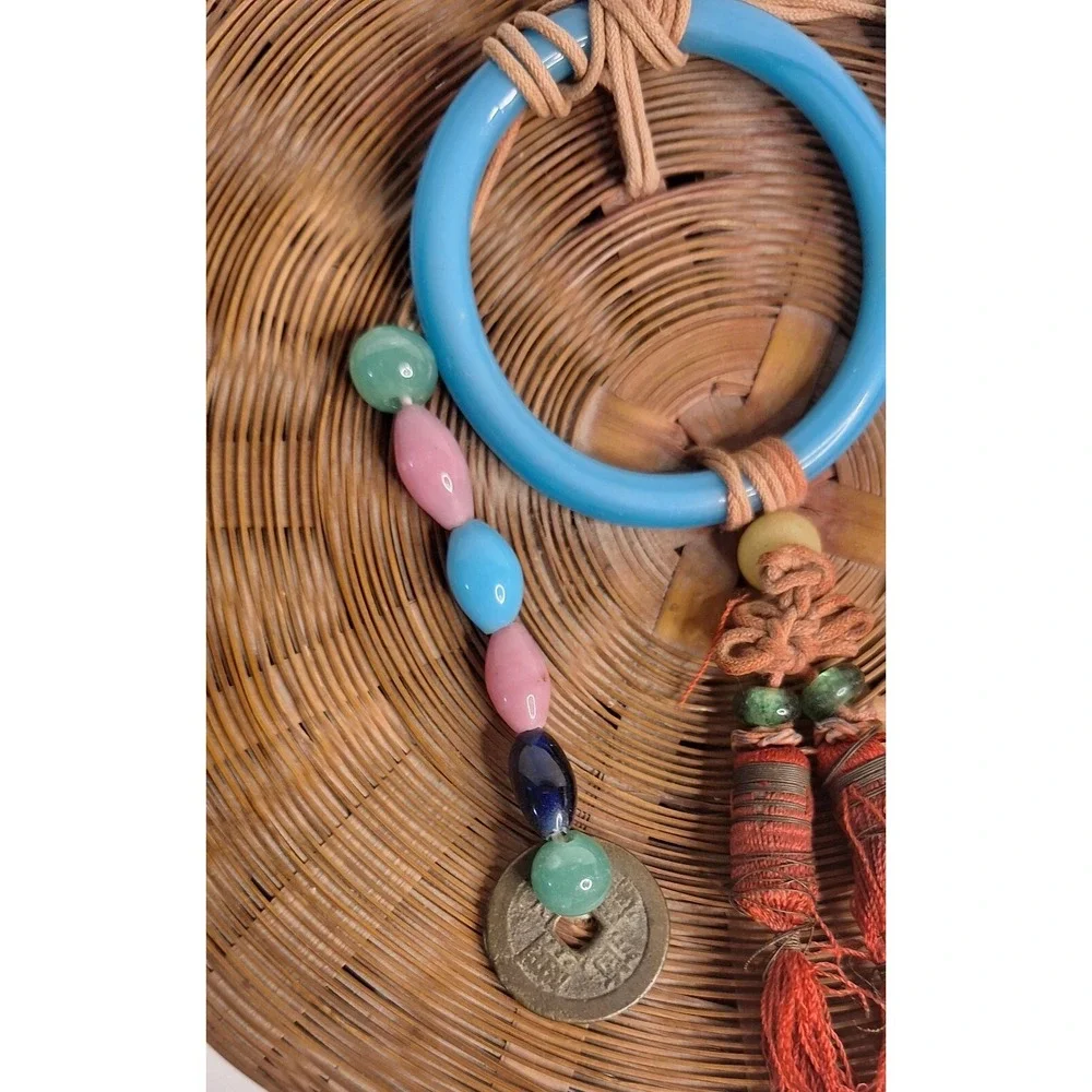 Vtg Chinese Sewing Basket Coins Glass Beads Tassels